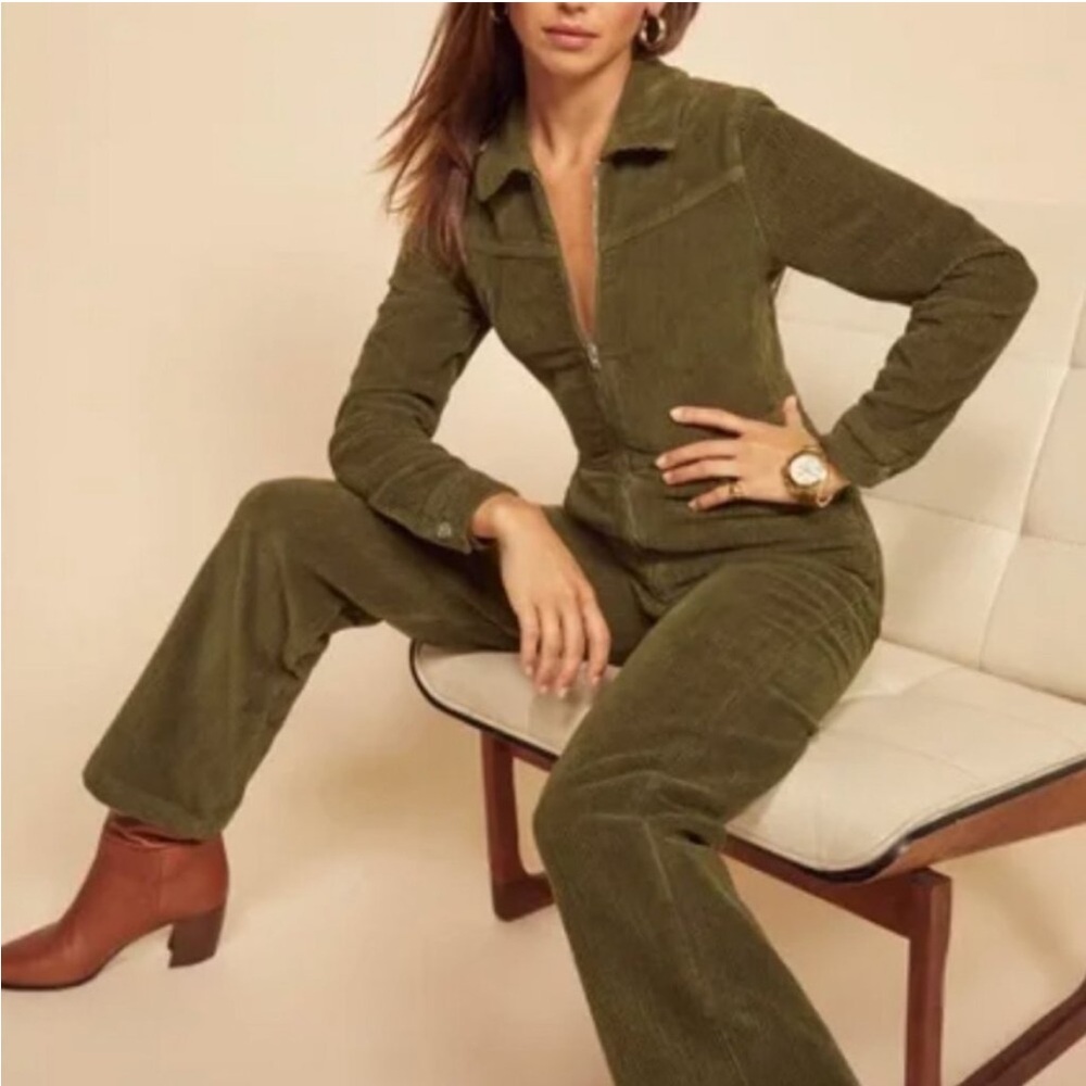 Reformation Carolina Corduroy Zip-Front Jumpsuit Olive Army Green